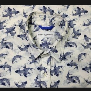 Teddy Stratford Zip Button Short Sleeve Shirt Koi fish design Size 3 Medium